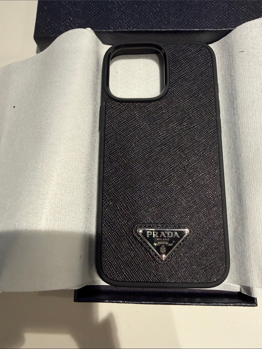 Prada Black Saffiano Leather iPhone Case with Metal Triangle Logo